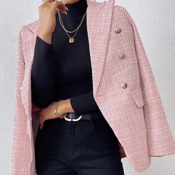 Baby Pink Elegant Women's Plain Color Double Breasted Long Sleeve Suit Jacket - Picture 5 of 6